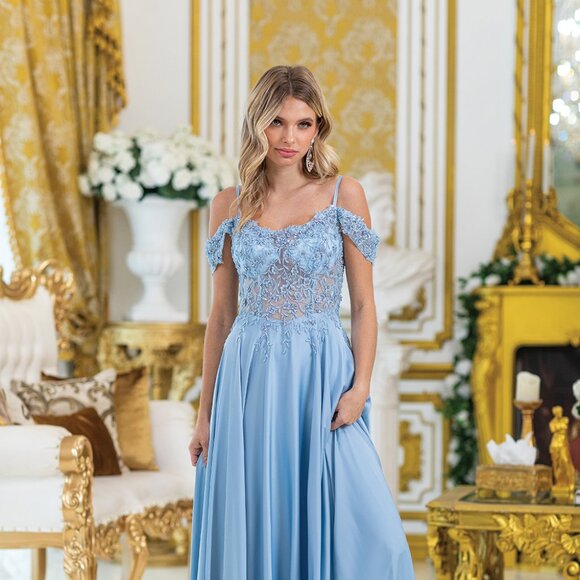 New Off Shoulder Long A-Line Floral Lace Embellished w/ Rhinestones Gown DQ4482 - Picture 1 of 8